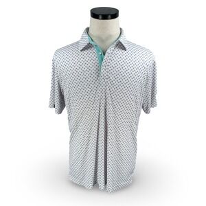 Swannies Mens Golf Polo Shirt White Purple Geometric Print Teal Trim Size Medium